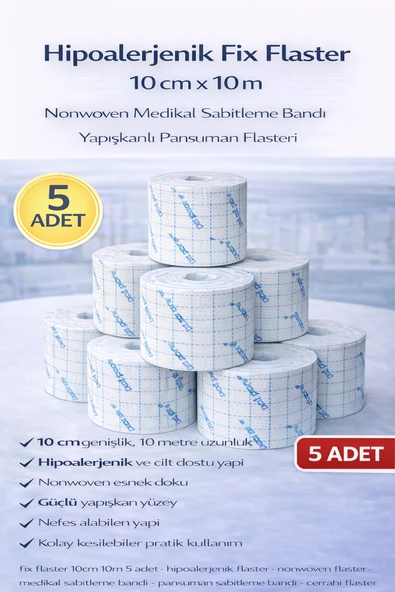 Hipoalerjenik Fix Flaster 10 Cm X 10 M 5 Adet Nonwoven Sabitleme Bandı Yapışkanlı Pansuman Flasteri ürün görseli 1