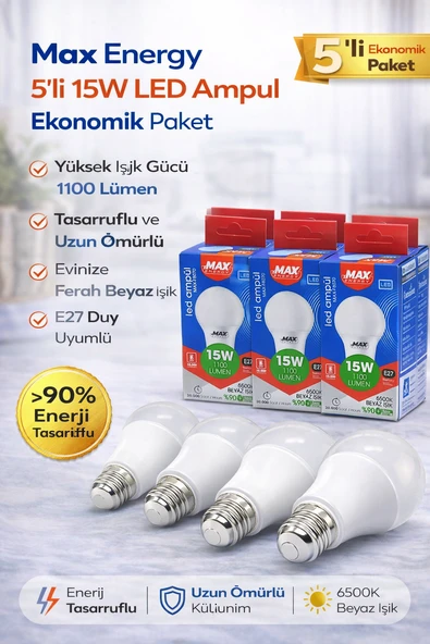 15W Led Ampul E27 Duy 6500K Beyaz Işık 1100 Lümen Tasarruflu Ampul 5 Adet ürün görseli 1