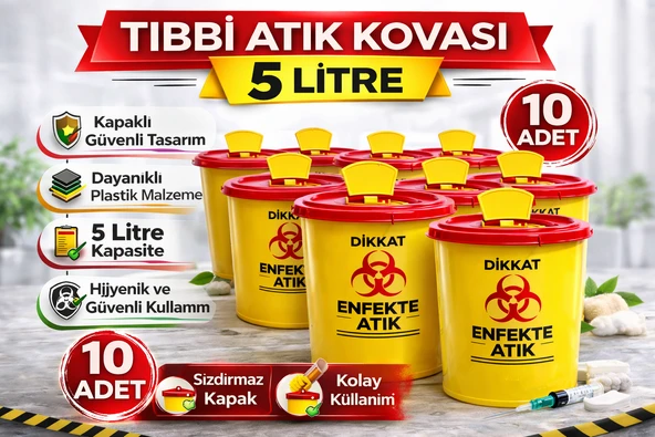 Atık Kovası 5 Litre 10 Adet Kapaklı Atık Kutusu Enfekte Atık Kovası ürün görseli 1
