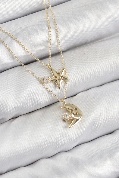 Pirinç Zirkon Taşlı Yıldız Ay Model Gold Renk Kadın Kolye ürün görseli 1