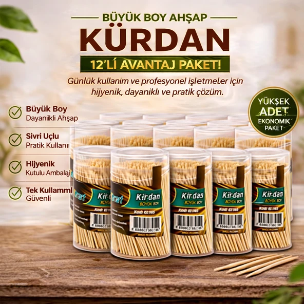 Kürdan Büyük Boy Ahşap Kürdan Hijyenik Paket Tek Kullanımlık Dayanıklı Kürdan Seti 12 Adet ürün görseli 1