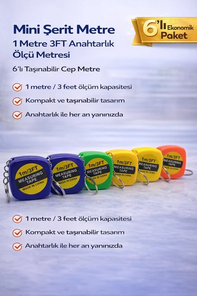 Mini Şerit Metre 1 Metre 3Ft Anahtarlık Ölçü Metresi Taşınabilir Cep Metre 6 Adet ürün görseli 1