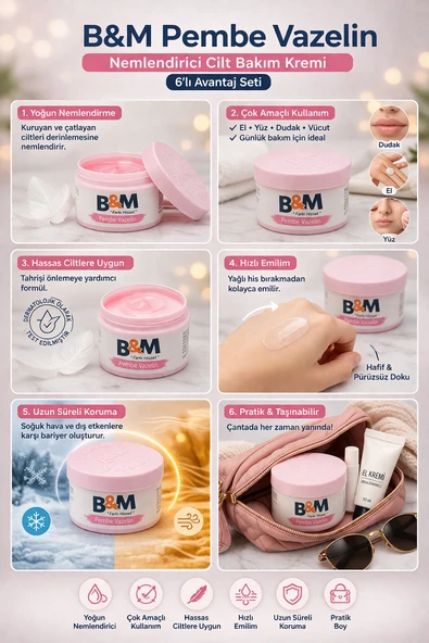 B&M Pembe Vazelin Nemlendirici Cilt Bakım Kremi Çok Amaçlı Vazelin 6 Adet ürün görseli 1
