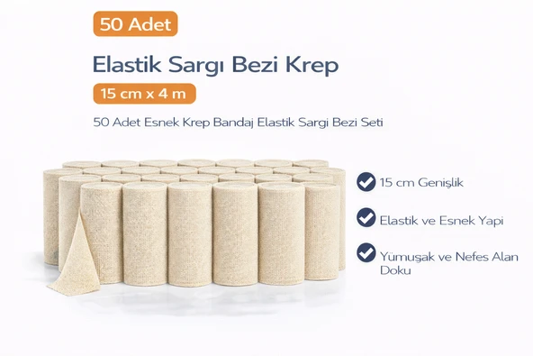 Elastik Sargı Bezi Krep 15 Cm X 4 M 50 Adet Esnek Krep Bandaj Elastik Sargı Bezi Seti ürün görseli 1