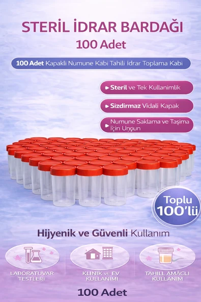 Steril İdrar Kabı Kapasiteli Numune Toplama Kabı 100 Adet ürün görseli 1