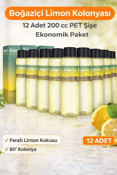 Boğaziçi Limon Kolonyası 200 Cc Pet Şişe 12 Adet 80° Limon Kokulu Kolonya Ekonomik Çoklu Paket ürün görseli 1