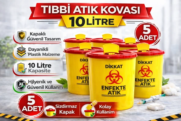 Atık Kovası 10 Litre 5 Adet Kapaklı Atık Kutusu Enfekte Atık Kovası Seti ürün görseli 1