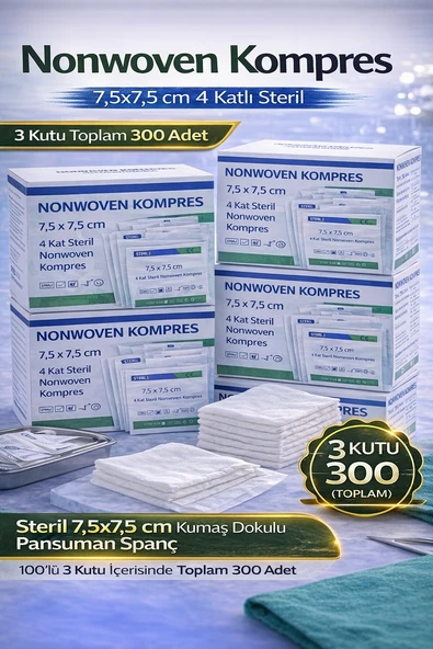 Nonwoven Kompres 7,5X7,5 Cm 4 Katlı Steril 100 Adet Kumaş Dokulu Pansuman Spanç 3 Kutu ürün görseli 1
