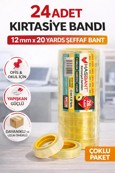 24 Adet Kırtasiye Bandı 12 Mm X 20 Yards Şeffaf Bant Güçlü Yapışkan Ofis Okul Ev Kullanımı Bant Seti ürün görseli 1