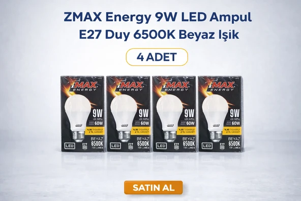 Zmax 9W Led Ampul E27 Duy 6500K Beyaz Işık 720 Lümen 60W Tasarruflu 4 Adet ürün görseli 1