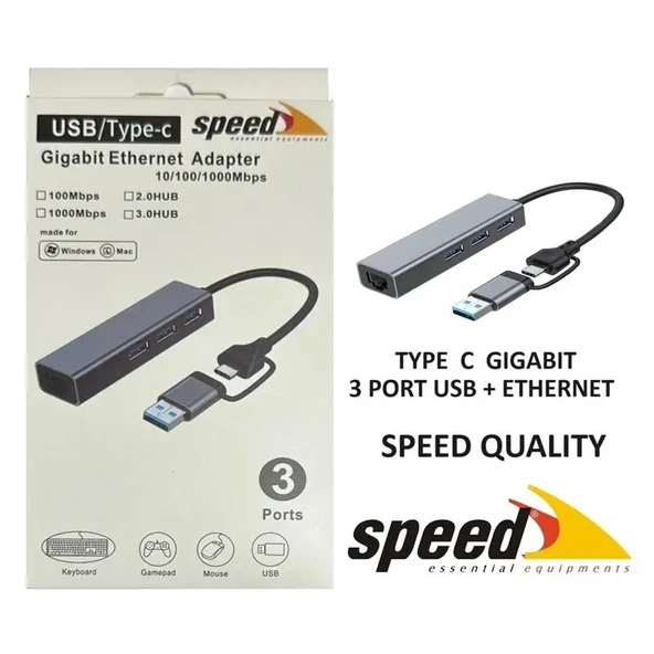 Speed Sp Uet01 10/100/1000Mbps Usb / Type-C 3 Port Usb 3.0 Çoklayici Gigabit Ethernet Dönüştürücü ürün görseli 1
