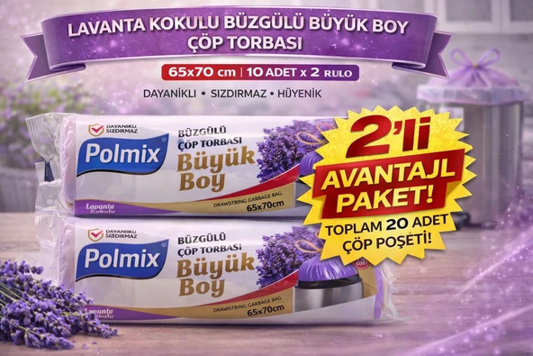Polmix Lavanta Kokulu Büzgülü Torbası Büyük Boy 65X70 Cm 10'Lu 2 Paket Dayanıklı Sızdırmaz Poşeti ürün görseli 1