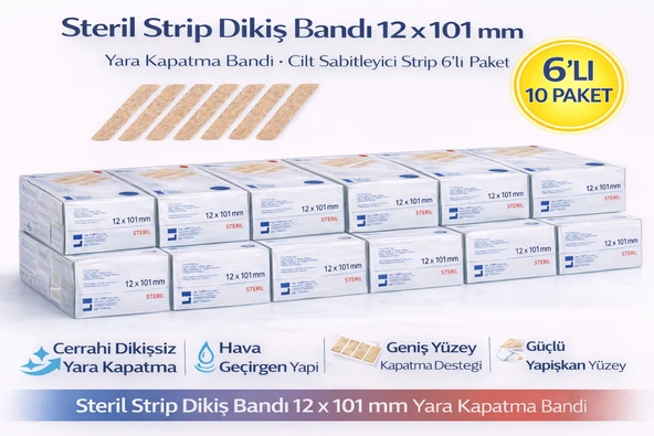 Steril Strip Dikiş Bandı 12 X 101 Mm Yara Kapatma Bandı Cilt Sabitleyici Strip 6’Lı 10 Paket ürün görseli 1