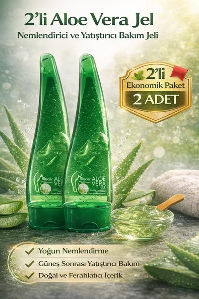 Aloe Vera Jel Nemlendirici Yatıştırıcı Bakım Jeli Yüz Vücut İçin Doğal Aloe Özlü Cilt Bakım Ürünü 2Li Avantaj Paket ürün görseli 1