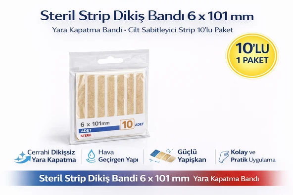Steril Strip Dikiş Bandı 6 X 101 Mm Yara Kapatma Bandı Cilt Sabitleyici Strip 10’Lu 1 Paket ürün görseli 1