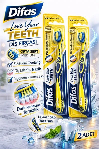 Difaş Love Your Teeth Fırçası 2 Adet Orta Sert Medium Ergonomik Saplı Manuel Fırçası ürün görseli 1