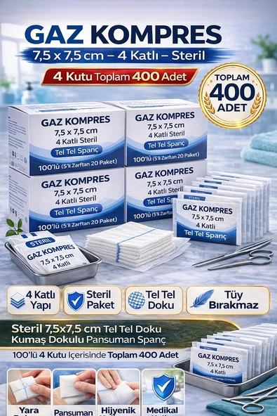 Kompres 7,5X7,5 Cm 4 Katlı Steril 400 Adet Tel Tel Spanç Pansuman Bezi(4Kutu) ürün görseli 1