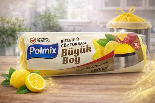 Polmix Limon Kokulu Büzgülü Büyük Boy Torbası 65X70 Cm 10'Lu 1 Paket Dayanıklı Sızdırmaz Poşeti ürün görseli 1