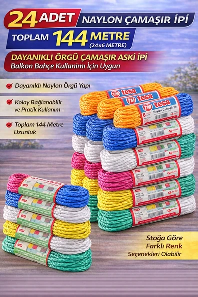 24 Adet Naylon Çamaşır İpi 6 Metre Dayanıklı Örgü Çamaşır Askı İpi Toplam 144 Metre ürün görseli 1