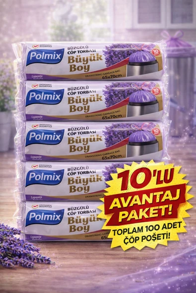 Polmix Lavanta Kokulu Büzgülü Torbası Büyük Boy 65X70 Cm 10'Lu 10 Paket Dayanıklı Sızdırmaz Poşeti ürün görseli 1