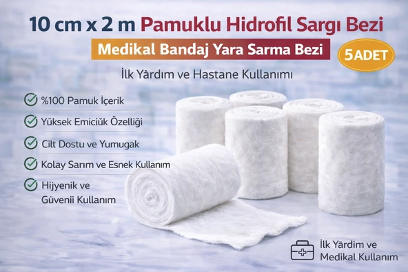 10 Cm X 2 M Pamuklu Hidrofil Sargı Bezi Bandaj Yara Sarma Bezi İlk Yardım Hastane Kullanımı 5 Adet ürün görseli 1
