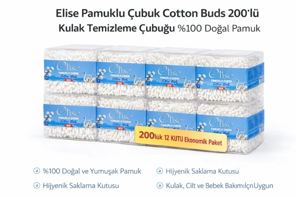 Elise Pamuklu Çubuk Cotton Buds 200’Lü Kulak Temizleme Çubuğu Doğal Pamuk 12 Paket ürün görseli 1
