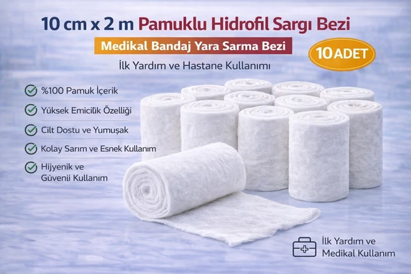 10 Cm X 2 M Pamuklu Hidrofil Sargı Bezi Bandaj Yara Sarma Bezi İlk Yardım Hastane Kullanımı 10 Adet ürün görseli 1