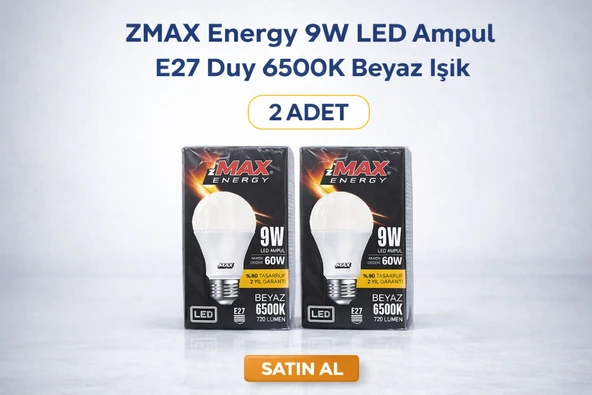 Zmax 9W Led Ampul E27 Duy 6500K Beyaz Işık 720 Lümen 60W Tasarruflu 2 Adet ürün görseli 1