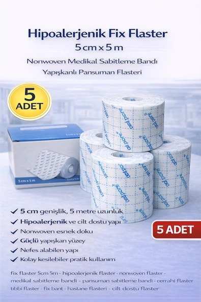 Hipoalerjenik Fix Flaster 5 Cm X 5 M 5 Adet Nonwoven Sabitleme Bandı Yapışkanlı Pansuman Flasteri ürün görseli 1