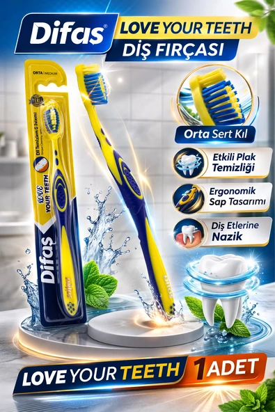 Difaş Love Your Teeth Fırçası 1 Adet Orta Sert Ergonomik Tutma Saplı Manuel Fırçası ürün görseli 1
