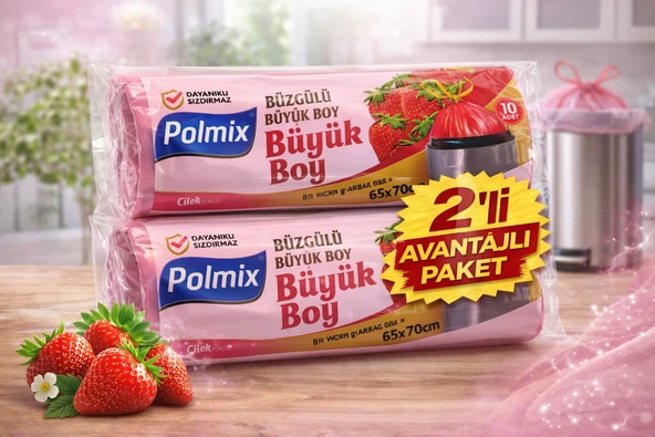 Polmix Çilek Kokulu Büzgülü Büyük Boy Torbası 65X70 Cm 10'Lu 2 Paket Dayanıklı Sızdırmaz Poşeti ürün görseli 1