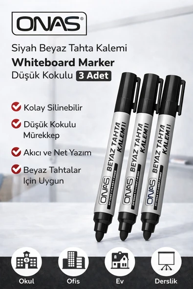 Onas Siyah Beyaz Tahta Kalemi Whiteboard Marker Düşük Kokulu 3 Adet ürün görseli 1