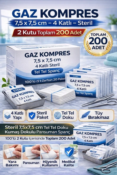 Kompres 7,5X7,5 Cm 4 Katlı Steril 200 Adet Tel Tel Spanç Pansuman Bezi (2Kutu) ürün görseli 1