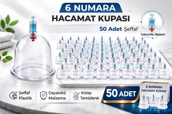 6 Numara Hacamat Kupası 50 Adet Vakumlu Kupa Bardak Dayanıklı Plastik Manuel Hacamat Kabı ürün görseli 1