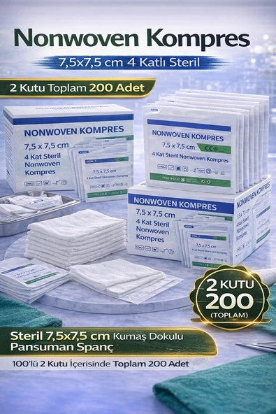 Nonwoven Kompres 7,5X7,5 Cm 4 Katlı Steril 100 Adet Kumaş Dokulu Pansuman Spanç 2 Kutu ürün görseli 1