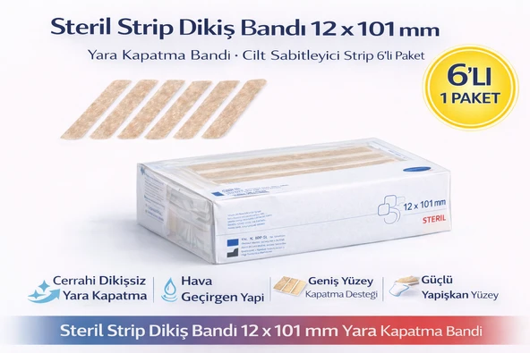 Steril Strip Dikiş Bandı 12 X 101 Mm Yara Kapatma Bandı Cilt Sabitleyici Strip 6Lı Paket ürün görseli 1