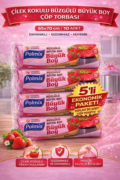 Polmix Çilek Kokulu Büzgülü Büyük Boy Torbası 65X70 Cm 10'Lu 5 Paket Dayanıklı Sızdırmaz Poşeti ürün görseli 1