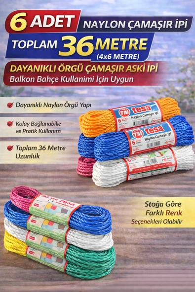 6 Adet Naylon Çamaşır İpi 6 Metre Dayanıklı Örgü Çamaşır Askı İpi Toplam 36 Metre ürün görseli 1