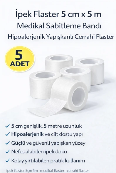 İpek Flaster 5 Cm X 5 M 5 Adet Sabitleme Bandı Hipoalerjenik Yapışkanlı Cerrahi Flaster ürün görseli 1