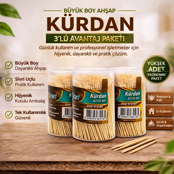 Kürdan Büyük Boy Ahşap Kürdan Hijyenik Paket Tek Kullanımlık Dayanıklı Kürdan Seti 3 Adet ürün görseli 1