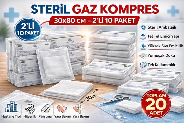 Steril Kompres 30X80 Cm 2'Li 10 Paket Tel Tel Spanç Steril Gazlı Bez Yara Bakım Kompresi ürün görseli 1