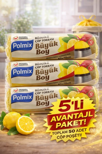 Polmix Limon Kokulu Büzgülü Büyük Boy Torbası 65X70 Cm 10'Lu 5 Paket Dayanıklı Sızdırmaz Poşeti ürün görseli 1