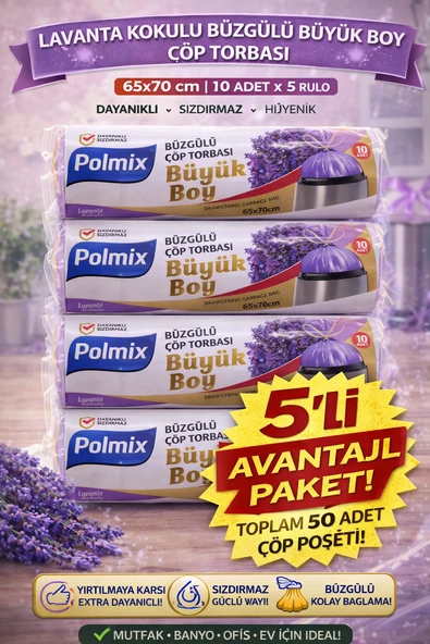 Polmix Lavanta Kokulu Büzgülü Torbası Büyük Boy 65X70 Cm 10'Lu 5 Paket Dayanıklı Sızdırmaz Poşeti ürün görseli 1