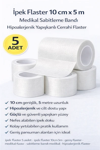 İpek Flaster 10 Cm X 5 M 5 Adet Sabitleme Bandı Hipoalerjenik Yapışkanlı Cerrahi Flaster ürün görseli 1