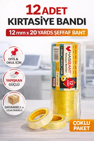 12 Adet Kırtasiye Bandı 12 Mm X 20 Yards Şeffaf Bant Ofis Okul Ev Kullanımı Dayanıklı Yapışkan Bant ürün görseli 1