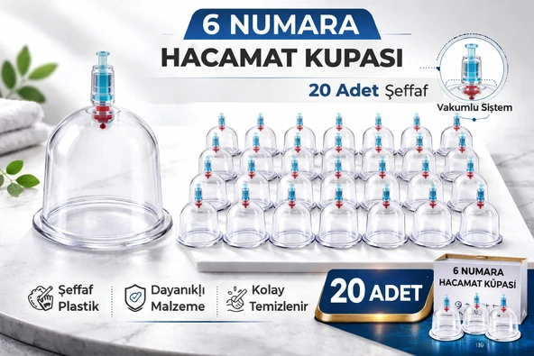 6 Numara Hacamat Kupası 20 Adet Vakumlu Kupa Bardak Dayanıklı Plastik Manuel Hacamat Kabı ürün görseli 1