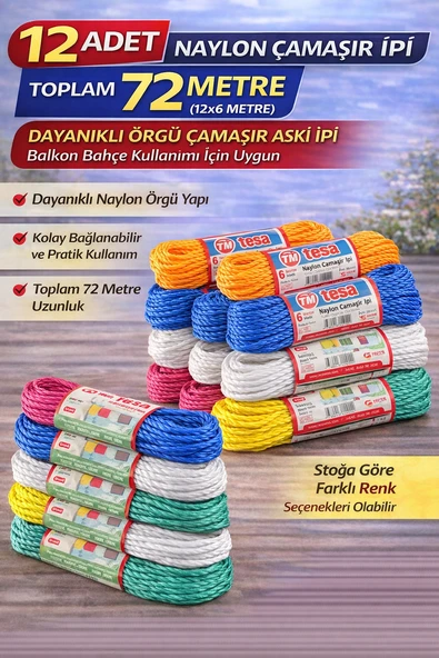 12 Adet Naylon Çamaşır İpi 6 Metre Dayanıklı Örgü Çamaşır Askı İpi Toplam 72 Metre ürün görseli 1