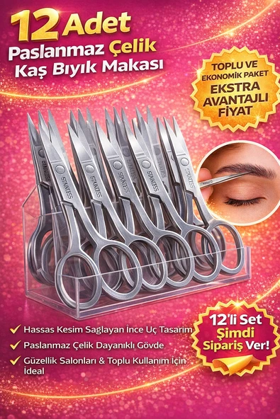 12 Adet Paslanmaz Çelik Kaş Bıyık Makası Profesyonel Kaş Düzeltme Makası Hassas Uçlu Kaş Alma Makası ürün görseli 1