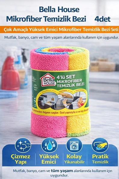 House Mikrofiber Temizlik Bezi 4 Adet (4’Lü 1 Rulo)Çok Amaçlı Yüksek Emici Mikrofiber Temizlik Bezi Seti ürün görseli 1