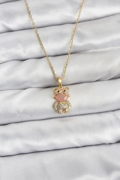 316L Çelik Zincir Gold Renk Teddy Bear Model Zirkon Taşlı Kadın Kolye ürün görseli 1